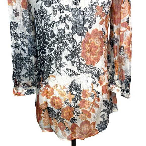 Lucky Brand Blouse Womens Size XS Floral Print Sheer Pleated Boho Lightweight - Picture 7 of 13